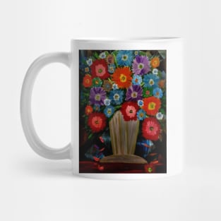 Some abstract carnations and mixed flowers in a  gold vase Mug